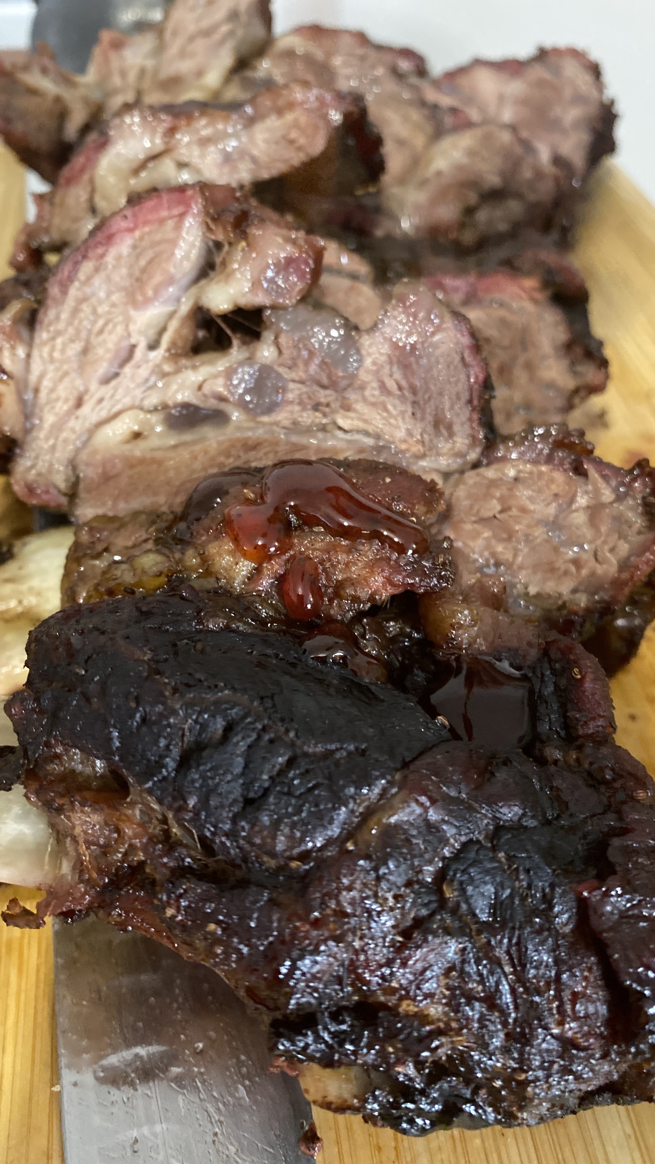 Cut, cooked, beef ribs